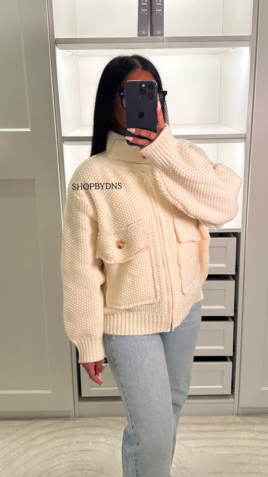 Veste en maille à col rabat beige